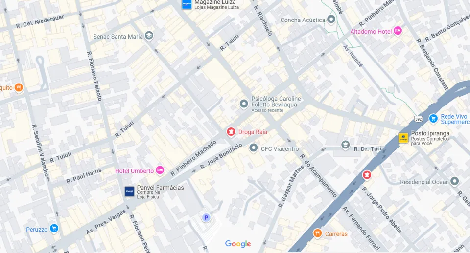 Mapa da região do consultório na Rua do Acampamento, em Santa Maria